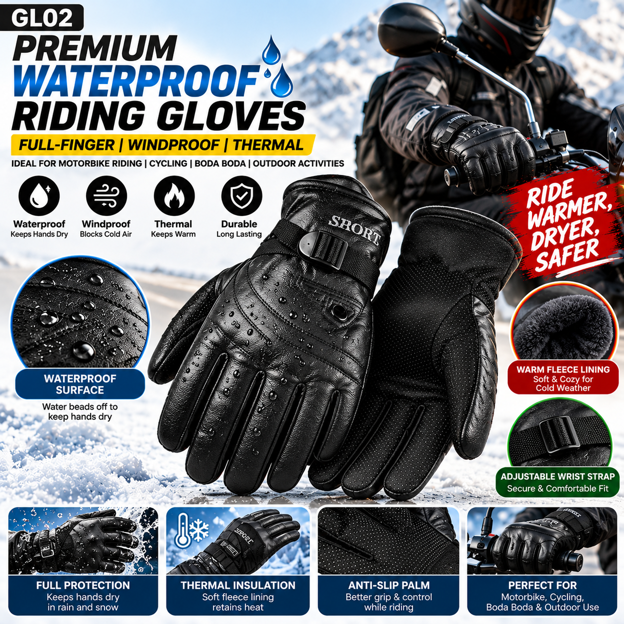 Premium Waterproof Riding Gloves – Windproof Thermal Winter Mittens for Outdoor Cycling & Motorbike Riding (BODA BODA)