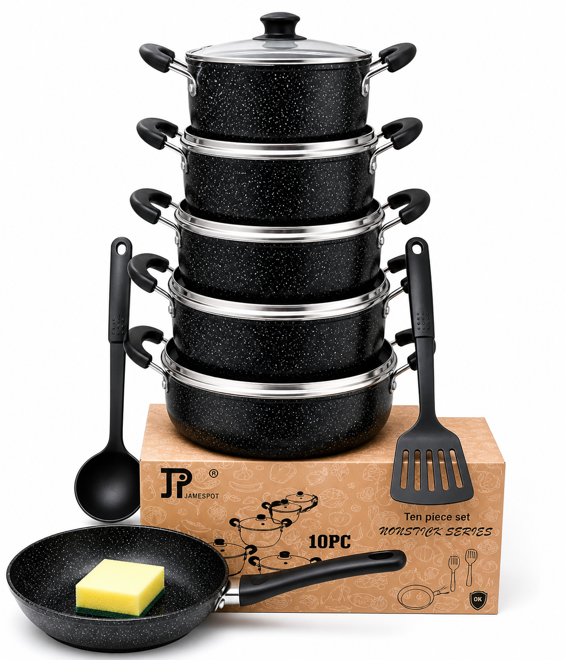 🍳✨ JP 10-Piece Non-Stick Cookware Set – Cook Smart, Cook Easy ✨🍳🌟 Upgrade Your Kitchen Game Bring convenience and style to your kitchen with this JP 10-Piece Non-Stick Cookware Set — perfect