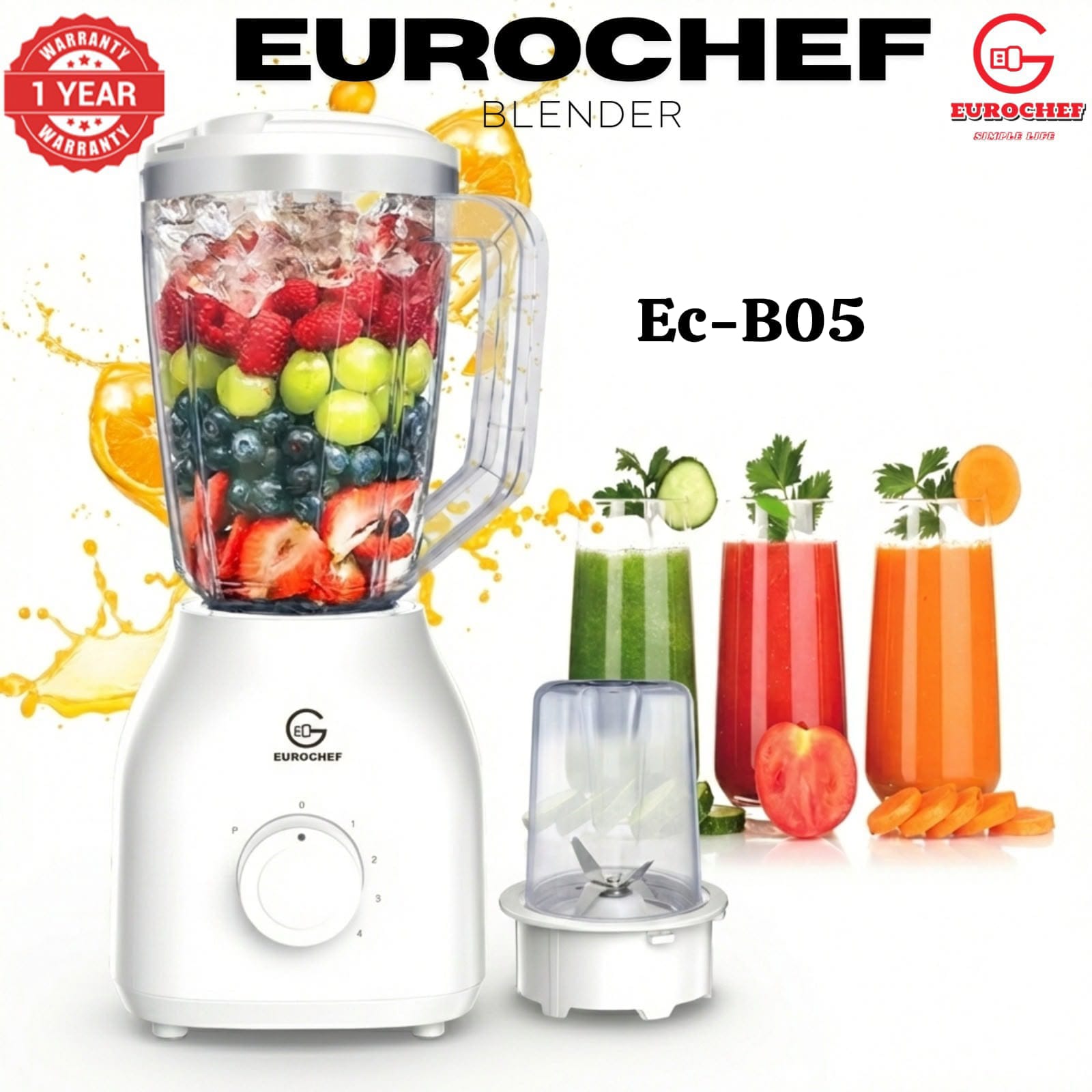 🍹1.8L Eurochef EC-B05 Blender – Multi-Function Kitchen Blender & Grinder with 1-Year Warranty Prepare delicious smoothies, fresh juices, sauces, soups, spices, more with the Eurochef EC-B05 Blender.
