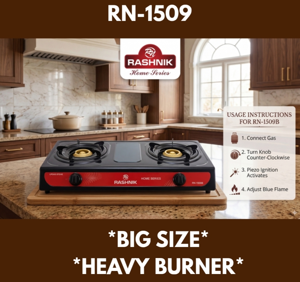RASHNIK TWO BURNER GAS COOKER – HEAVY DUTY / BIG SIZE 🔥
Cook with power, speed, and reliability using the Rashnik 2-Burner Gas Cooker designed for heavy kitchen use. Built for both home and light com