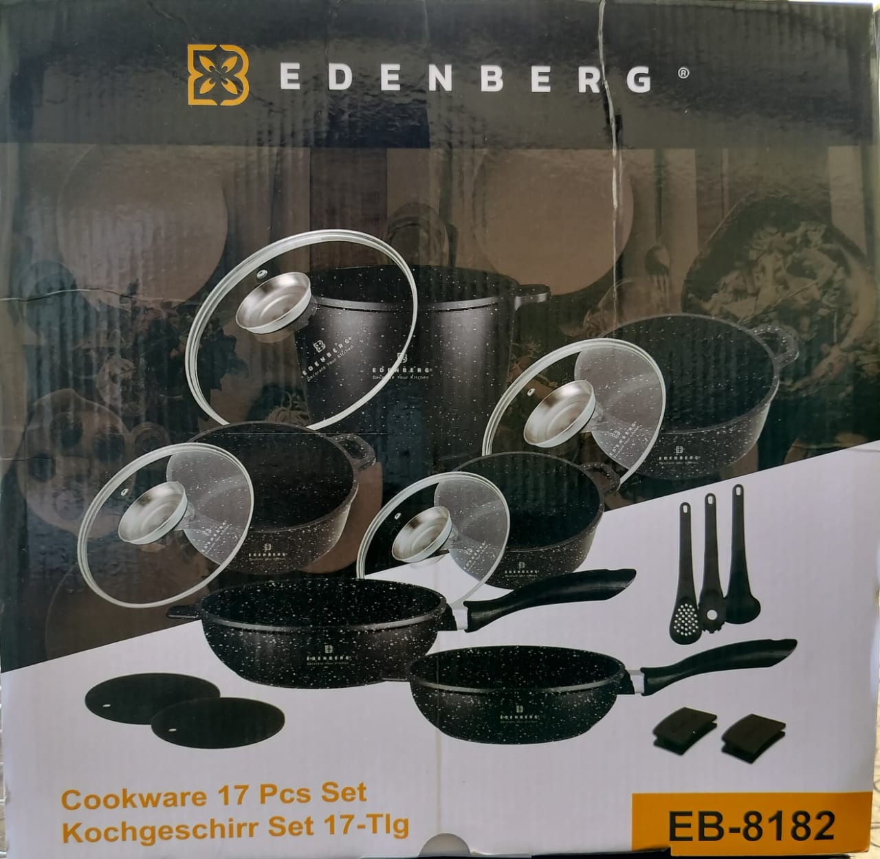 Edenberg 17pcs cookware set

Casserole Pan With Lid 1.3 Ltr. (16x7.5 Cm.)

Casserole With Glass Lid 2.3 Ltr. (20x8.0 Cm.)

Casserole With Glass Lid 4.5 Ltr. (24x11.5 Cm.)

Deep Casserole With Glass Li