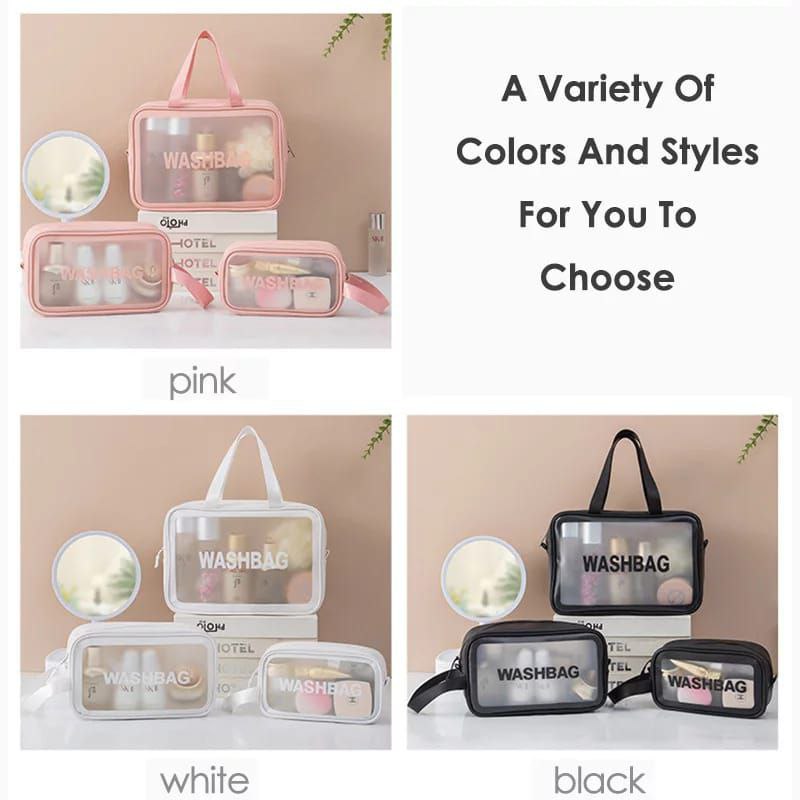 3-in-1 Waterproof Cosmetic & Wash Bag Set – Travel Toiletry Organizer Bags (Black, Pink, White)