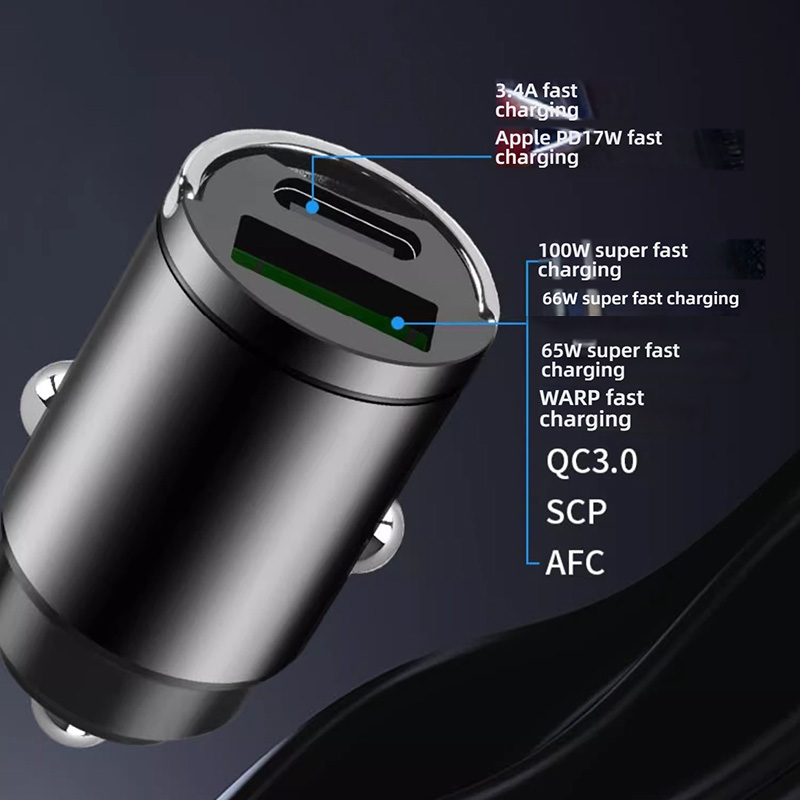 Invisible Mini Fast Car Charger, PD30W+QC3.0 Dual Port Adapter with 100W Max Output for iPhone 8-14 & Android Smartphones, Compact Hidden Space-Saving Design for 12V-24V Cars & Trucks