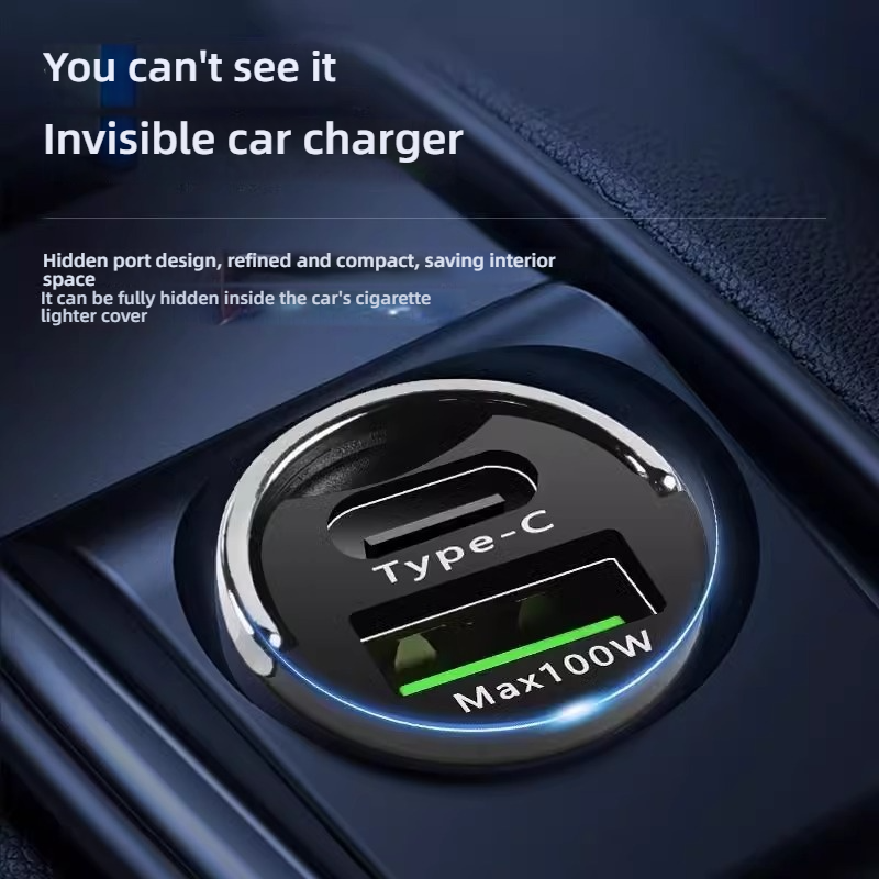 Invisible Mini Fast Car Charger, PD30W+QC3.0 Dual Port Adapter with 100W Max Output for iPhone 8-14 & Android Smartphones, Compact Hidden Space-Saving Design for 12V-24V Cars & Trucks