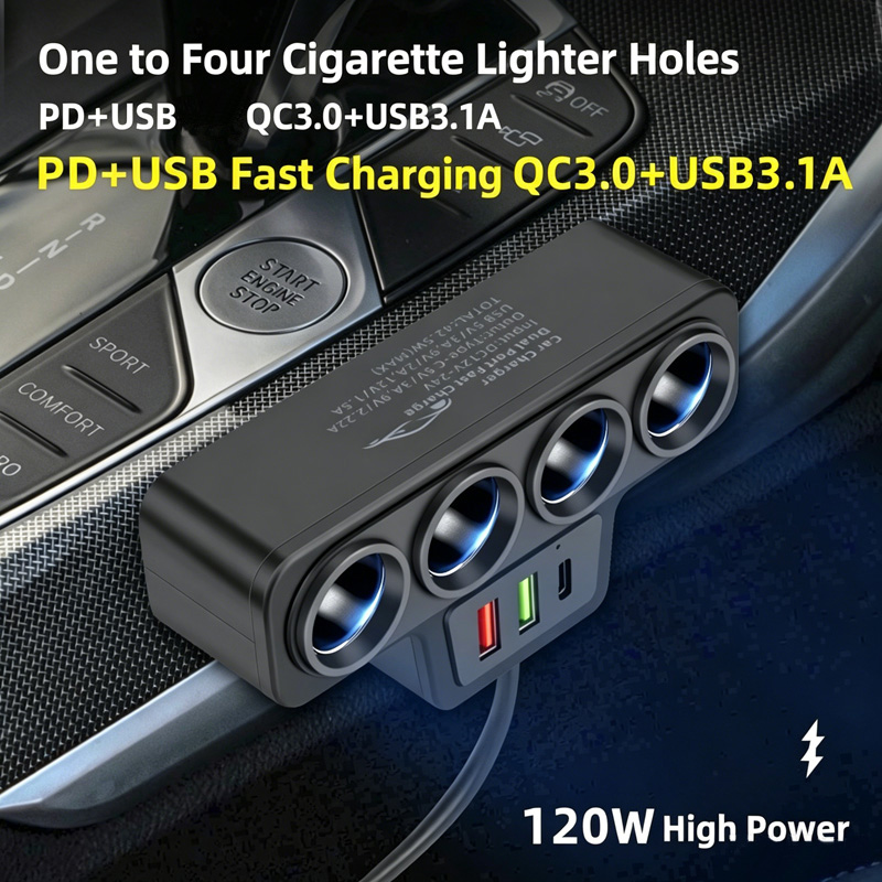 120W 1-to-4 Cigarette Lighter Splitter Car Charger with PD & QC3.0 Ports, 12V/24V Multi-Port Power Adapter for All Cars