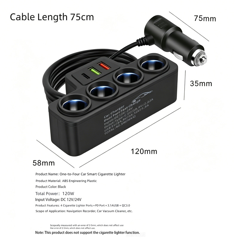 120W 1-to-4 Cigarette Lighter Splitter Car Charger with PD & QC3.0 Ports, 12V/24V Multi-Port Power Adapter for All Cars