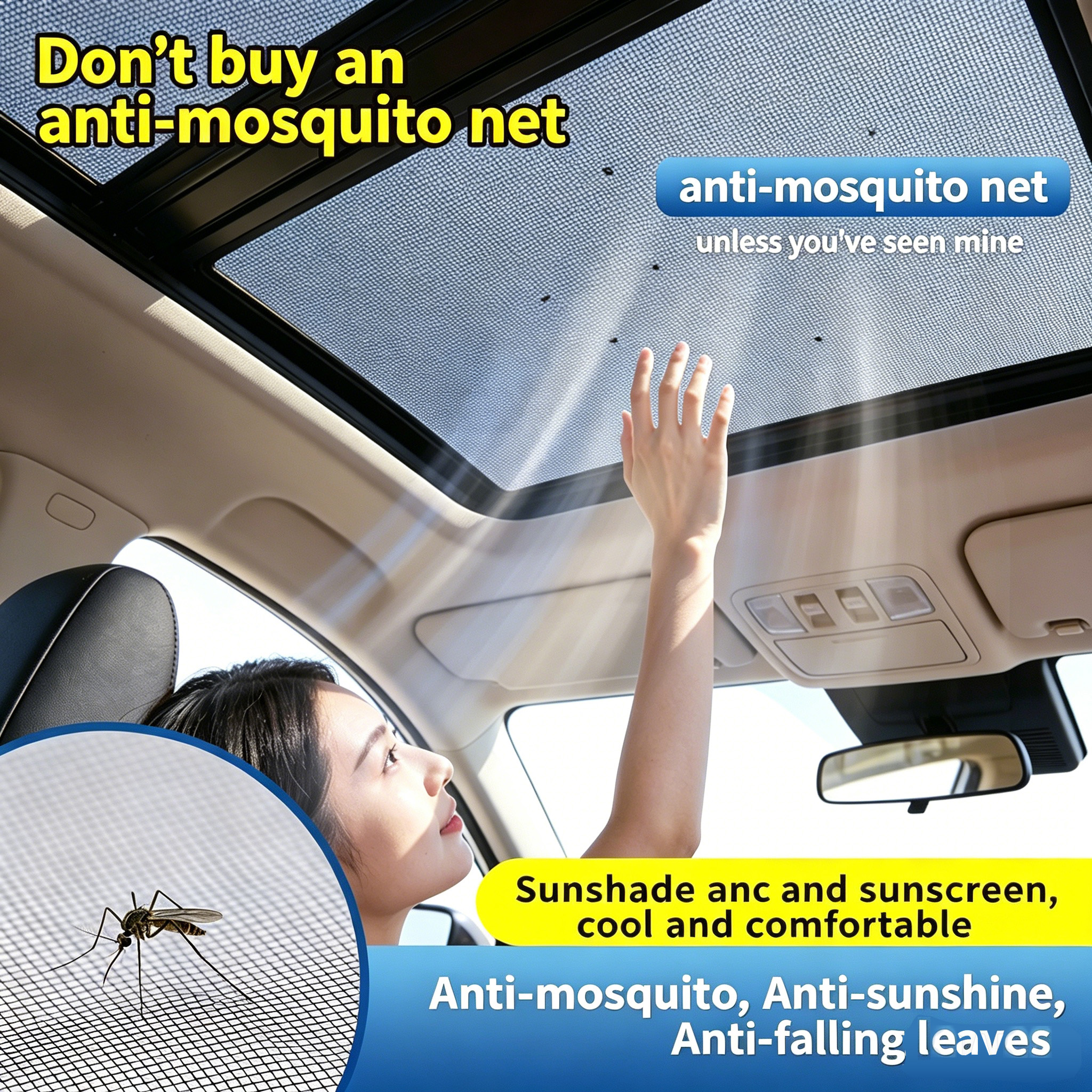 Car Sunroof Mosquito Net, Magnetic Sunshade Cover, Oxford Cloth Edge, Quick Install No Drill, Anti-Insect Mesh for All Cars