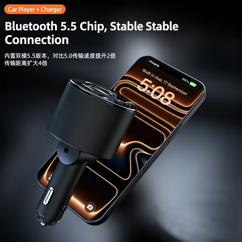 Car Bluetooth 5.5 FM Transmitter, PD & QC 3.0 Fast Car Charger Adapter, Hands-Free Call Universal 12V-24V Car FM Transmitter with Bluetooth, Dual PD Fast Charging Ports, Lossless Audio Player