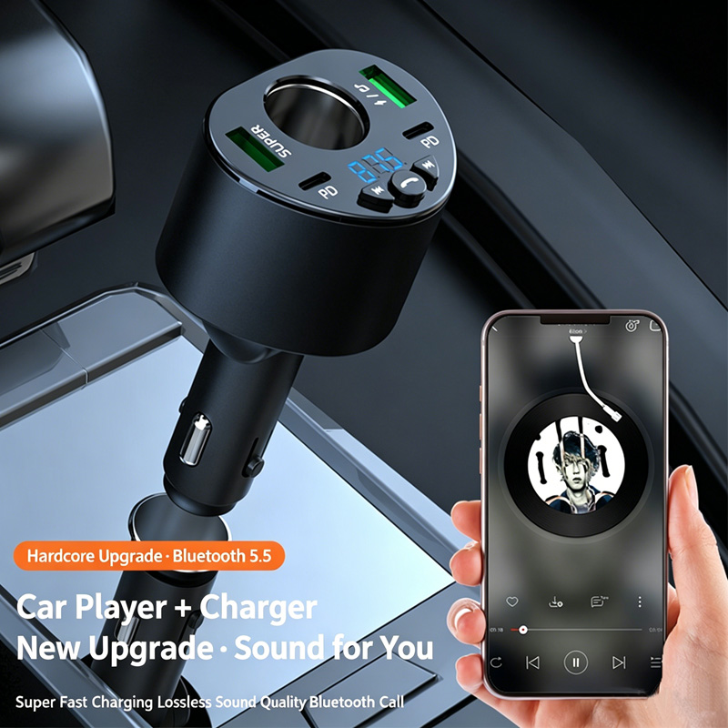 Car Bluetooth 5.5 FM Transmitter, PD & QC 3.0 Fast Car Charger Adapter, Hands-Free Call Universal 12V-24V Car FM Transmitter with Bluetooth, Dual PD Fast Charging Ports, Lossless Audio Player