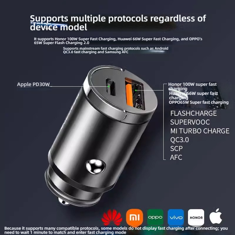 Invisible Mini Fast Car Charger, PD30W+QC3.0 Dual Port Adapter with 100W Max Output for iPhone 8-14 & Android Smartphones, Compact Hidden Space-Saving Design for 12V-24V Cars & Trucks