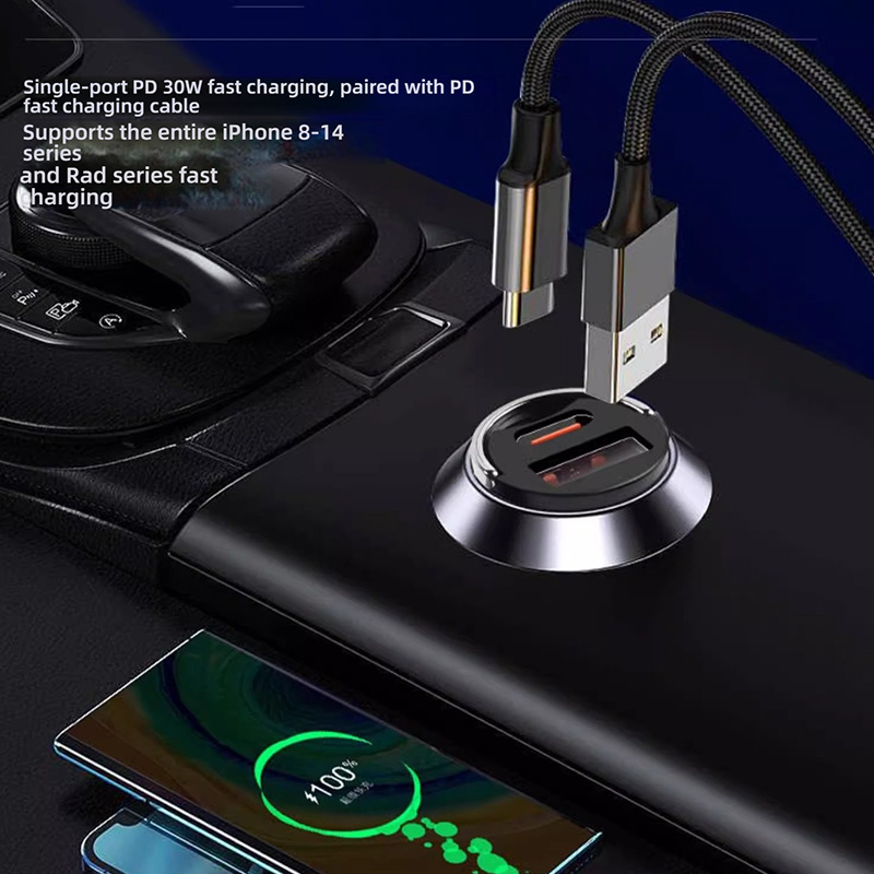 Invisible Mini Fast Car Charger, PD30W+QC3.0 Dual Port Adapter with 100W Max Output for iPhone 8-14 & Android Smartphones, Compact Hidden Space-Saving Design for 12V-24V Cars & Trucks