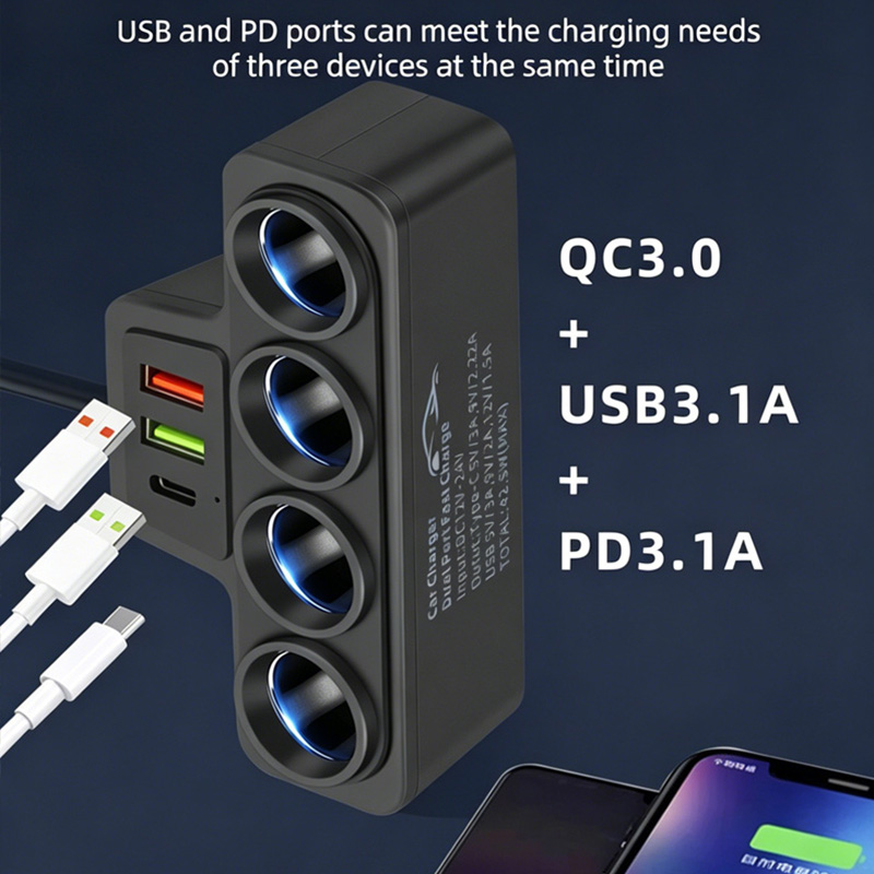 120W 1-to-4 Cigarette Lighter Splitter Car Charger with PD & QC3.0 Ports, 12V/24V Multi-Port Power Adapter for All Cars