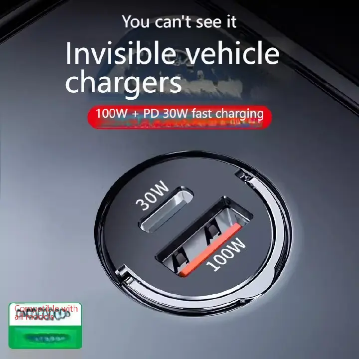 Invisible Mini Fast Car Charger, PD30W+QC3.0 Dual Port Adapter with 100W Max Output for iPhone 8-14 & Android Smartphones, Compact Hidden Space-Saving Design for 12V-24V Cars & Trucks