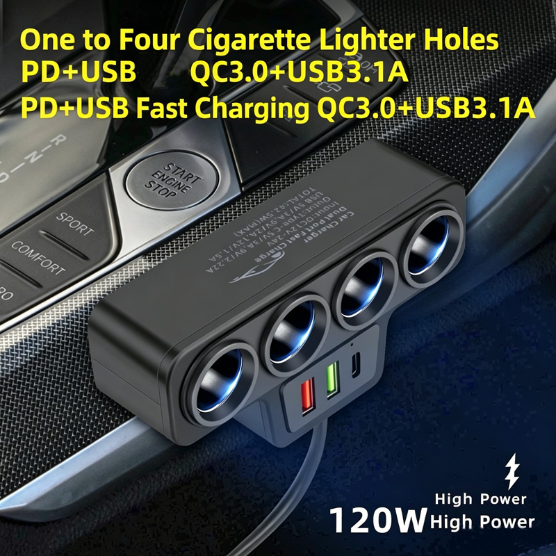 120W 1-to-4 Cigarette Lighter Splitter Car Charger with PD & QC3.0 Ports, 12V/24V Multi-Port Power Adapter for All Cars