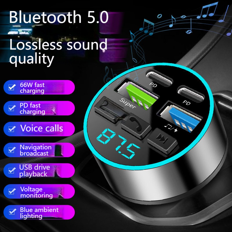66W 4-Port Fast Car Charger, Bluetooth 5.0 FM Transmitter MP3 Player, Hands-Free Calling, PD+USB Quick Charge, Car Phone Charger Adapter for 12V-24V Vehicles