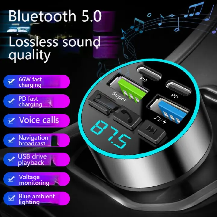 66W 4-Port Fast Car Charger, Bluetooth 5.0 FM Transmitter MP3 Player, Hands-Free Calling, PD+USB Quick Charge, Car Phone Charger Adapter for 12V-24V Vehicles