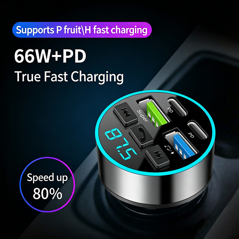 66W 4-Port Fast Car Charger, Bluetooth 5.0 FM Transmitter MP3 Player, Hands-Free Calling, PD+USB Quick Charge, Car Phone Charger Adapter for 12V-24V Vehicles