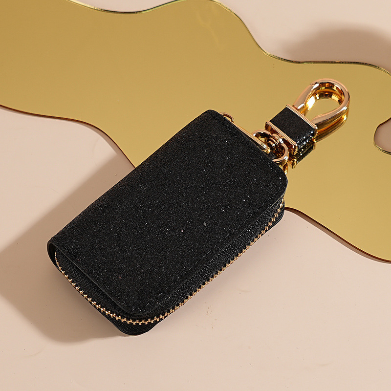 Sparkling Glitter PU Leather Car Key Pouch for Women, Stylish Zipper Key Holder with Detachable Gold Hook, Soft Lining Protective Key Organizer for Ladies, Multiple Fashion Colors Available