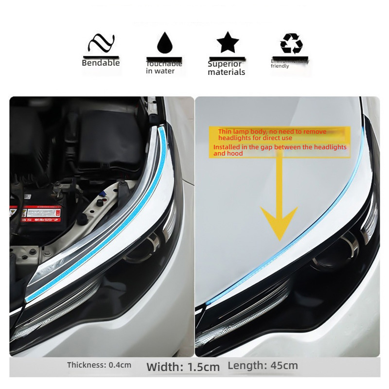 Ultra-thin Dual-Color Flowing LED Daytime Running Light Strip, Universal 12V Waterproof Silicone Car Headlight DRL, Dynamic Turn Signal Light, No-destructive Installation, 30/45/60cm for All Vehicles