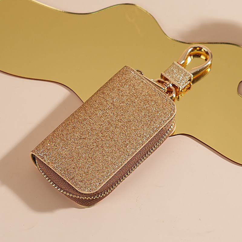 Sparkling Glitter PU Leather Car Key Pouch for Women, Stylish Zipper Key Holder with Detachable Gold Hook, Soft Lining Protective Key Organizer for Ladies, Multiple Fashion Colors Available