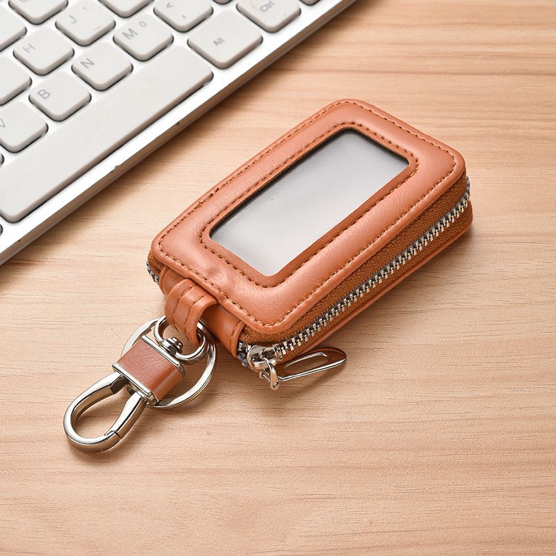 Premium PU Leather Car Key Case with Transparent Window, Universal Zipper Key Fob Protector with Metal Hook, Anti-Scratch, Anti-Lost & Anti-Interference Key Holder for Most Car Remote Keys, Home Keys