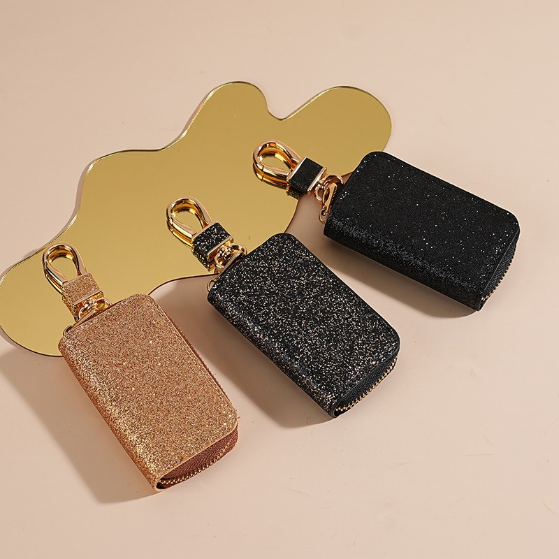 Sparkling Glitter PU Leather Car Key Pouch for Women, Stylish Zipper Key Holder with Detachable Gold Hook, Soft Lining Protective Key Organizer for Ladies, Multiple Fashion Colors Available