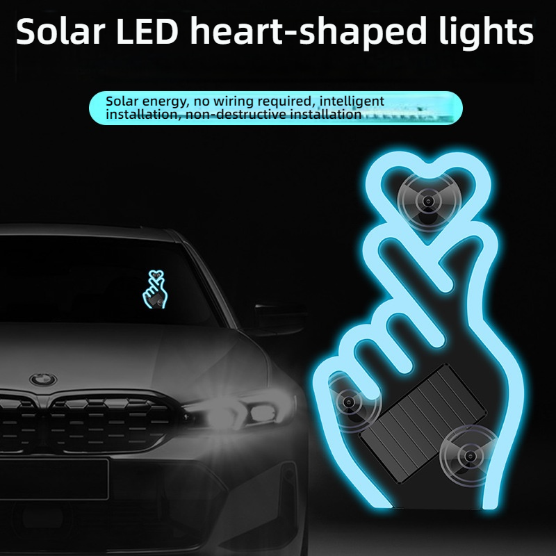 Car Heart Gesture Ambient Light, Solar & USB Rechargeable LED Decorative Lamp with Vibration & Light Sensor, 7 Colors/Mode, Suction Cup Mounted, No Wiring, Waterproof, Fits All Cars SUV Trucks
