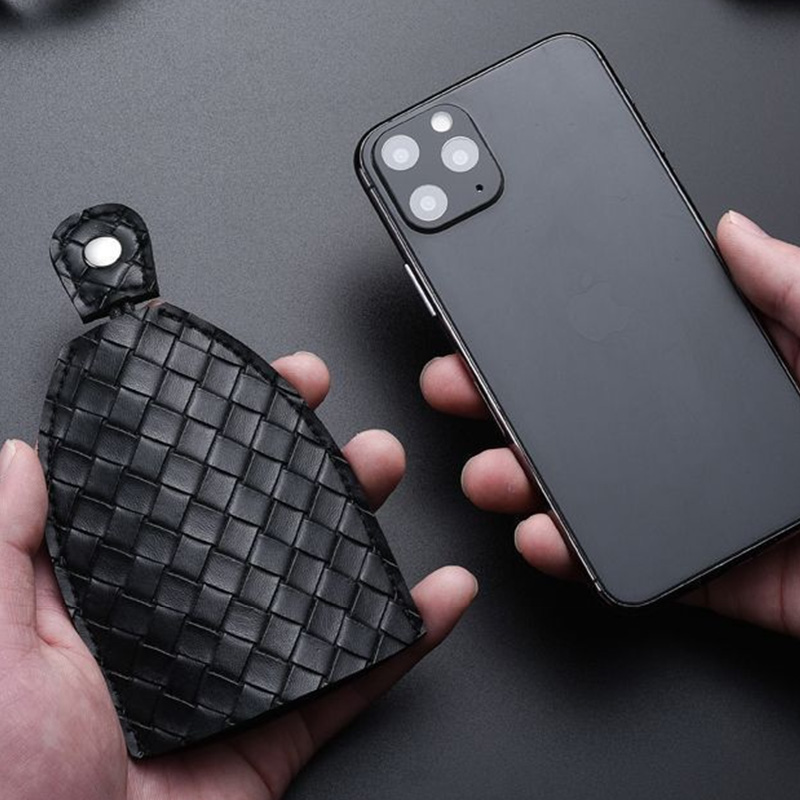 Premium Woven PU Leather Car Key Pouch, Pull-out Key Case with Snap Closure, Compact & Durable Key Organizer for Home & Car Keys, Business Style, Black & Green, Key Holder Bag for Men