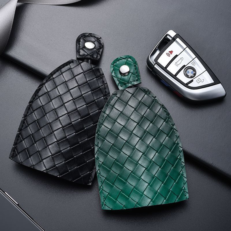 Premium Woven PU Leather Car Key Pouch, Pull-out Key Case with Snap Closure, Compact & Durable Key Organizer for Home & Car Keys, Business Style, Black & Green, Key Holder Bag for Men
