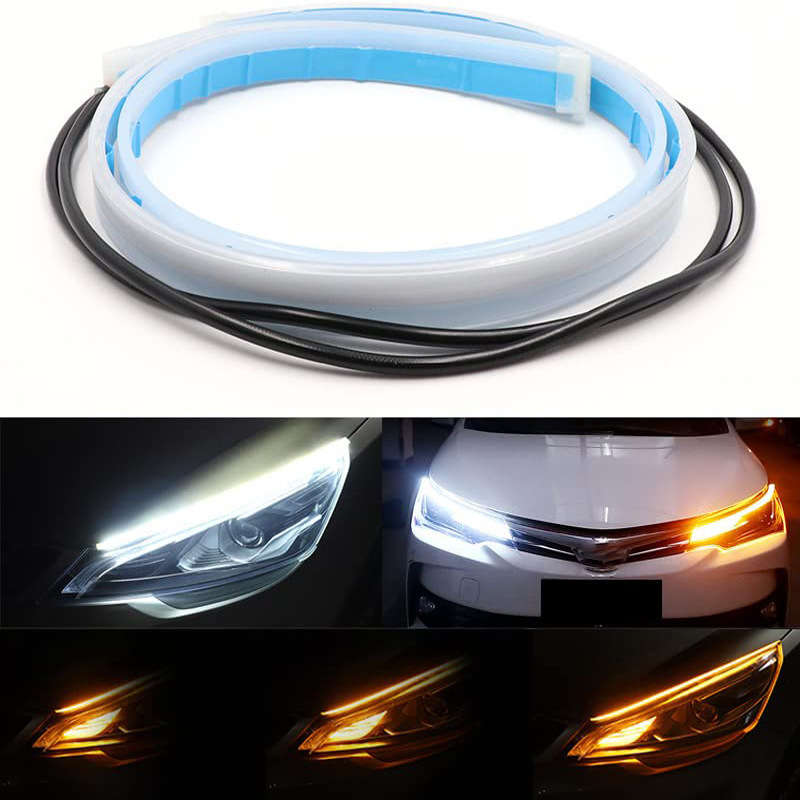 Ultra-thin Dual-Color Flowing LED Daytime Running Light Strip, Universal 12V Waterproof Silicone Car Headlight DRL, Dynamic Turn Signal Light, No-destructive Installation, 30/45/60cm for All Vehicles