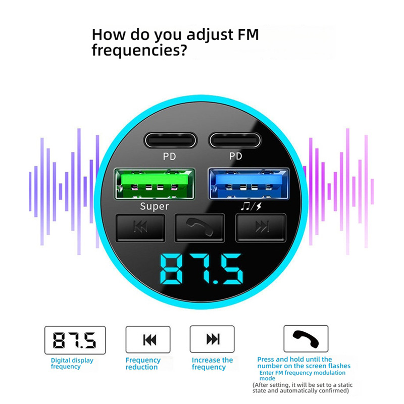 66W 4-Port Fast Car Charger, Bluetooth 5.0 FM Transmitter MP3 Player, Hands-Free Calling, PD+USB Quick Charge, Car Phone Charger Adapter for 12V-24V Vehicles
