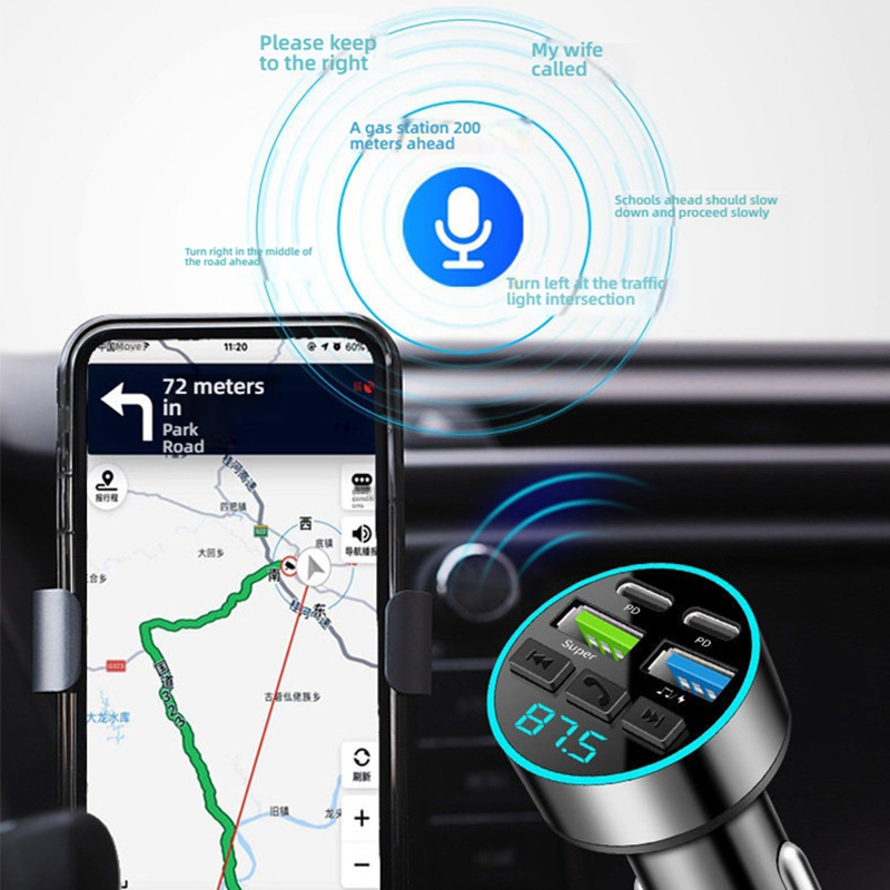 66W 4-Port Fast Car Charger, Bluetooth 5.0 FM Transmitter MP3 Player, Hands-Free Calling, PD+USB Quick Charge, Car Phone Charger Adapter for 12V-24V Vehicles