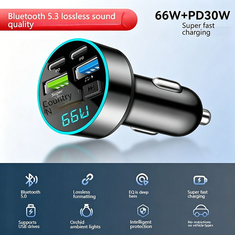 66W 4-Port Fast Car Charger, Bluetooth 5.0 FM Transmitter MP3 Player, Hands-Free Calling, PD+USB Quick Charge, Car Phone Charger Adapter for 12V-24V Vehicles