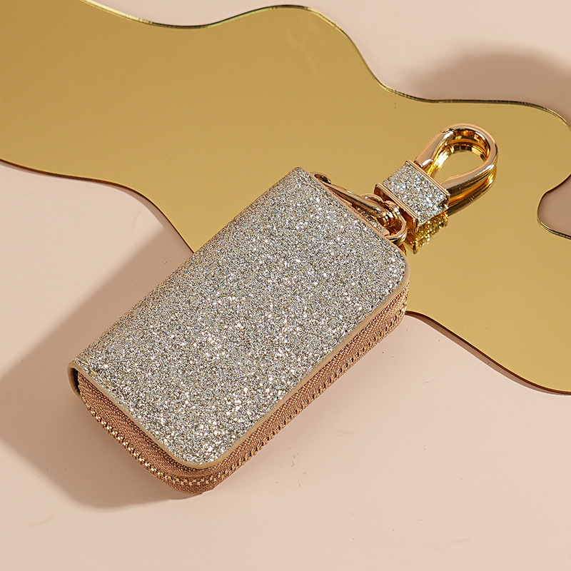 Sparkling Glitter PU Leather Car Key Pouch for Women, Stylish Zipper Key Holder with Detachable Gold Hook, Soft Lining Protective Key Organizer for Ladies, Multiple Fashion Colors Available