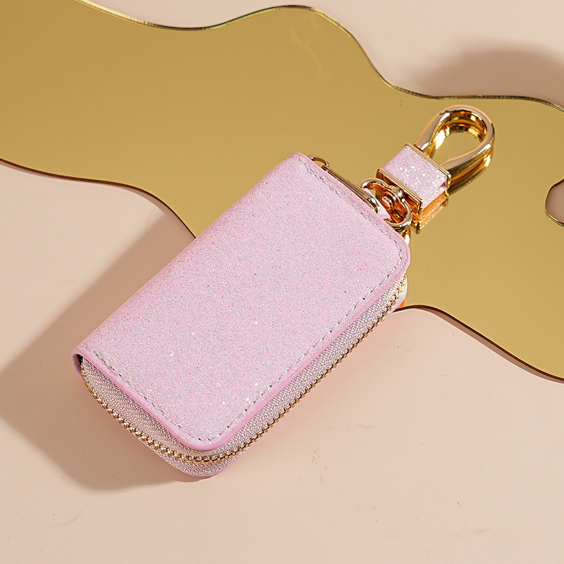 Sparkling Glitter PU Leather Car Key Pouch for Women, Stylish Zipper Key Holder with Detachable Gold Hook, Soft Lining Protective Key Organizer for Ladies, Multiple Fashion Colors Available