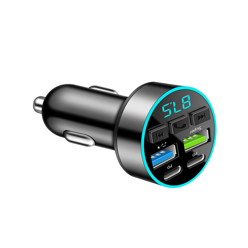 66W 4-Port Fast Car Charger, Bluetooth 5.0 FM Transmitter MP3 Player, Hands-Free Calling, PD+USB Quick Charge, Car Phone Charger Adapter for 12V-24V Vehicles