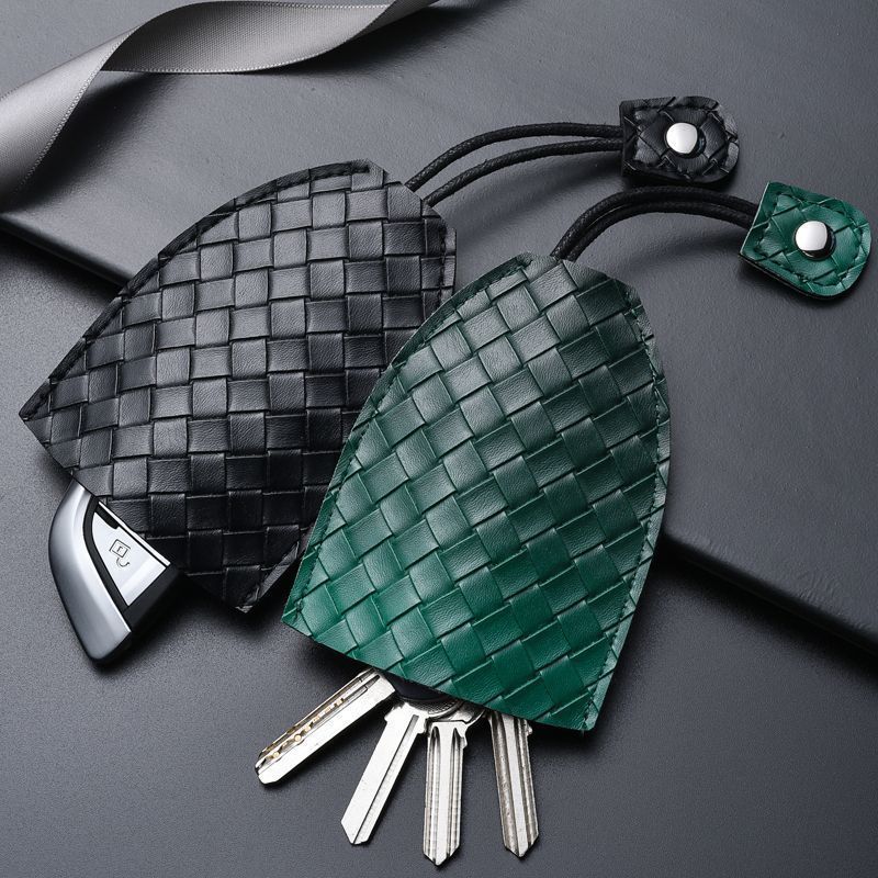 Premium Woven PU Leather Car Key Pouch, Pull-out Key Case with Snap Closure, Compact & Durable Key Organizer for Home & Car Keys, Business Style, Black & Green, Key Holder Bag for Men