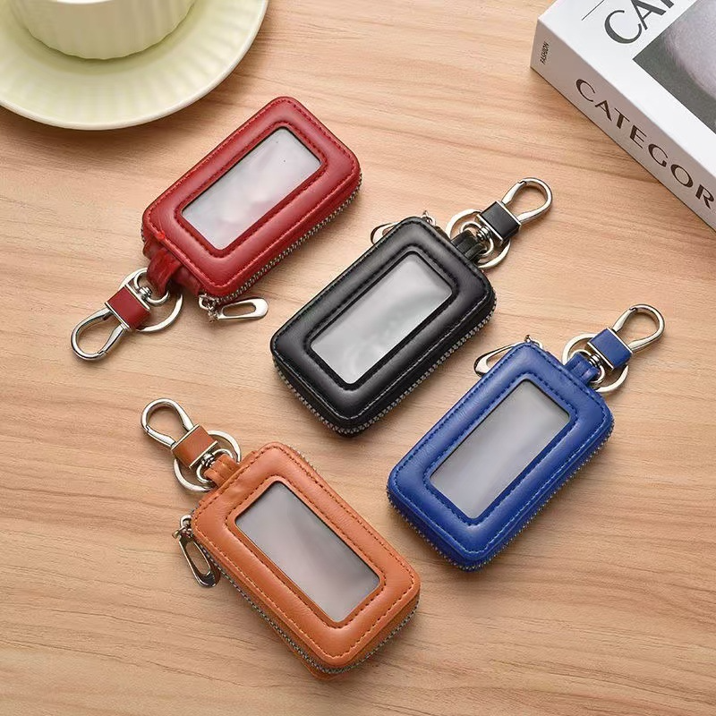 Premium PU Leather Car Key Case with Transparent Window, Universal Zipper Key Fob Protector with Metal Hook, Anti-Scratch, Anti-Lost & Anti-Interference Key Holder for Most Car Remote Keys, Home Keys