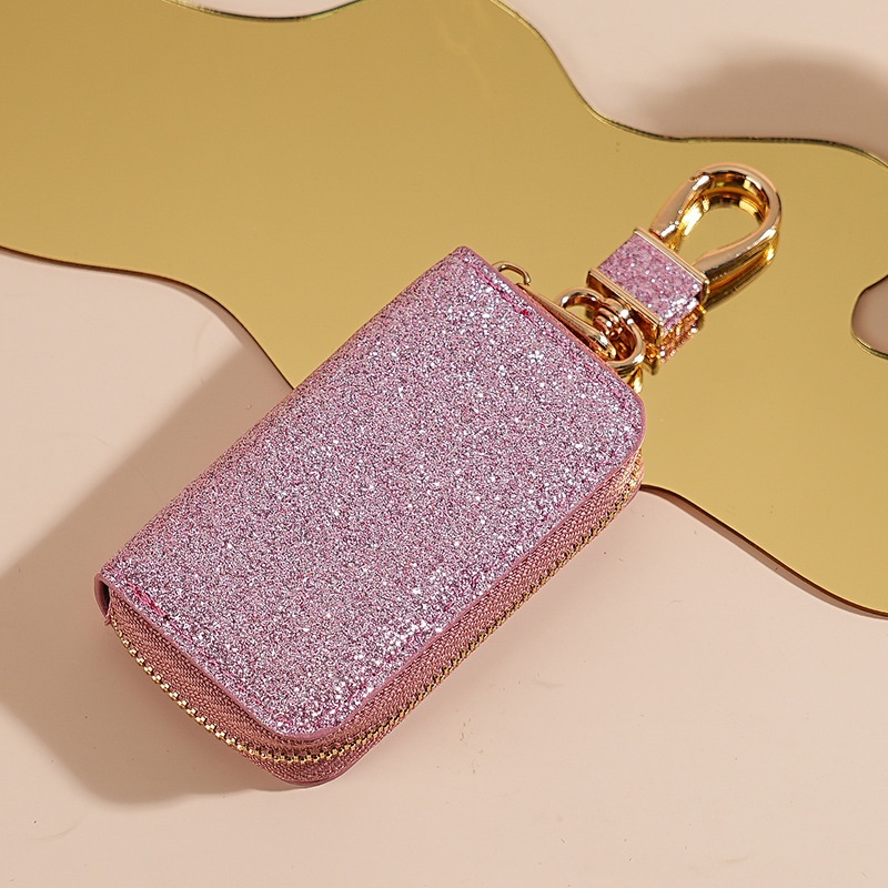 Sparkling Glitter PU Leather Car Key Pouch for Women, Stylish Zipper Key Holder with Detachable Gold Hook, Soft Lining Protective Key Organizer for Ladies, Multiple Fashion Colors Available