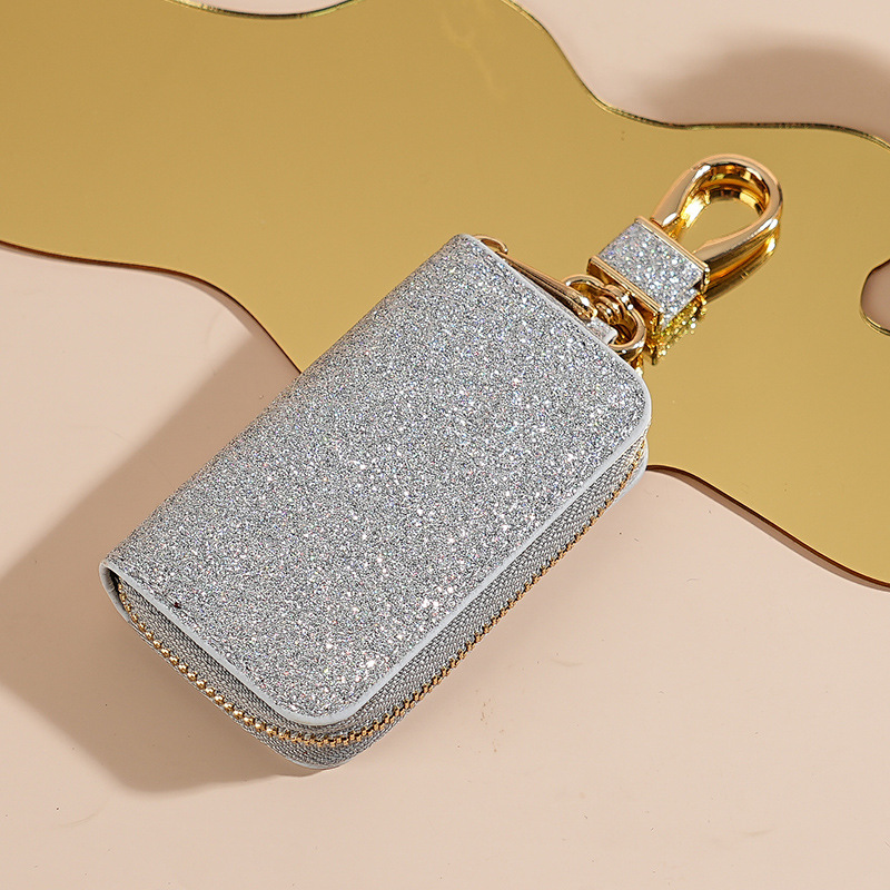 Sparkling Glitter PU Leather Car Key Pouch for Women, Stylish Zipper Key Holder with Detachable Gold Hook, Soft Lining Protective Key Organizer for Ladies, Multiple Fashion Colors Available