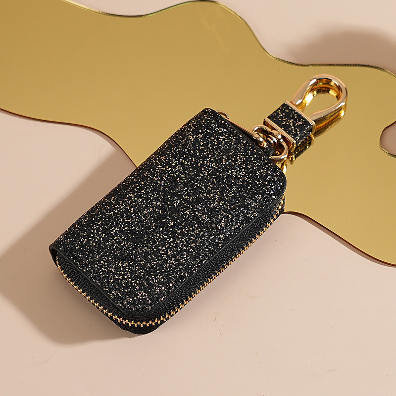 Sparkling Glitter PU Leather Car Key Pouch for Women, Stylish Zipper Key Holder with Detachable Gold Hook, Soft Lining Protective Key Organizer for Ladies, Multiple Fashion Colors Available