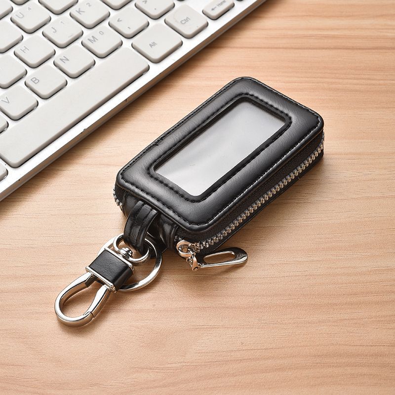 Premium PU Leather Car Key Case with Transparent Window, Universal Zipper Key Fob Protector with Metal Hook, Anti-Scratch, Anti-Lost & Anti-Interference Key Holder for Most Car Remote Keys, Home Keys