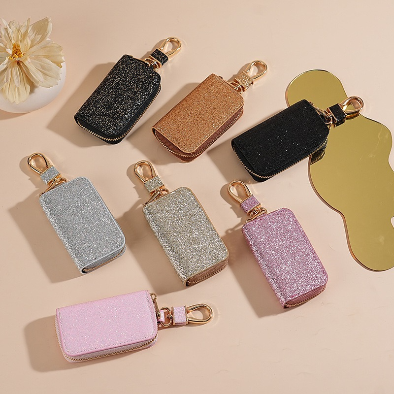 Sparkling Glitter PU Leather Car Key Pouch for Women, Stylish Zipper Key Holder with Detachable Gold Hook, Soft Lining Protective Key Organizer for Ladies, Multiple Fashion Colors Available