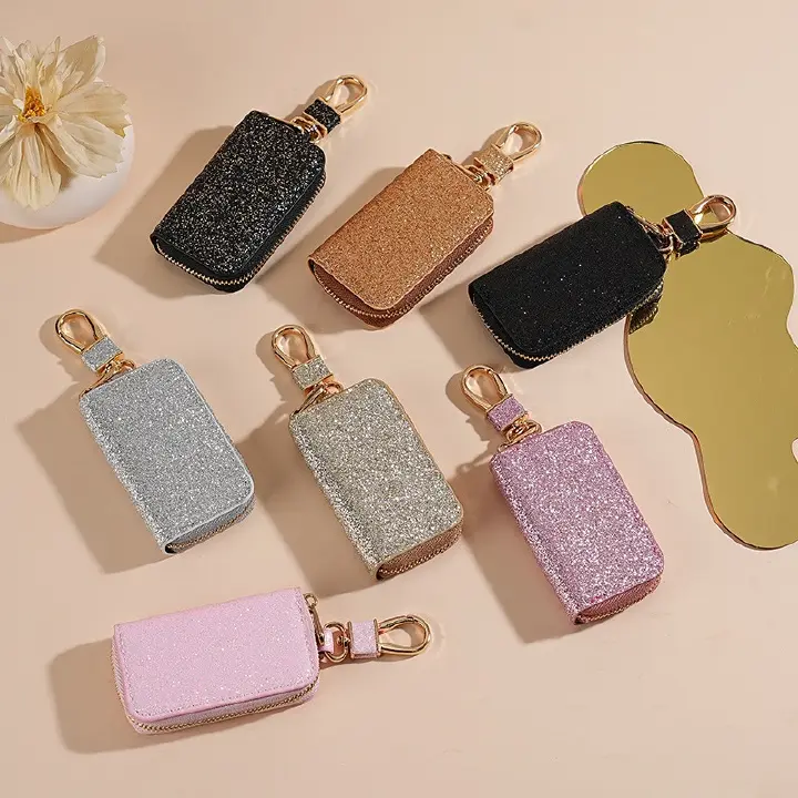 Sparkling Glitter PU Leather Car Key Pouch for Women, Stylish Zipper Key Holder with Detachable Gold Hook, Soft Lining Protective Key Organizer for Ladies, Multiple Fashion Colors Available