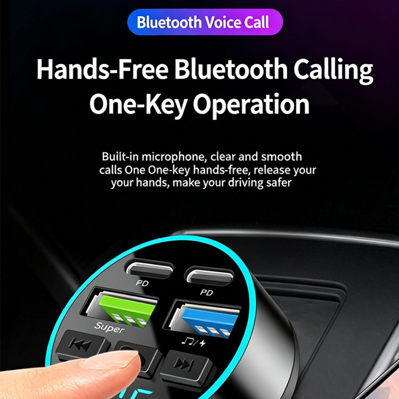 66W 4-Port Fast Car Charger, Bluetooth 5.0 FM Transmitter MP3 Player, Hands-Free Calling, PD+USB Quick Charge, Car Phone Charger Adapter for 12V-24V Vehicles