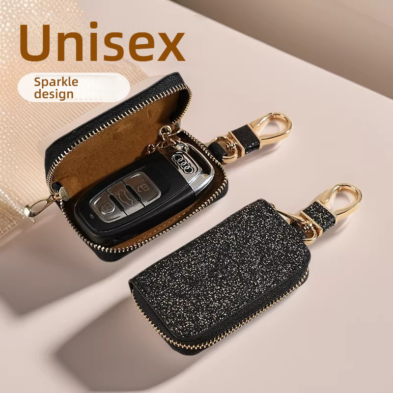 Sparkling Glitter PU Leather Car Key Pouch for Women, Stylish Zipper Key Holder with Detachable Gold Hook, Soft Lining Protective Key Organizer for Ladies, Multiple Fashion Colors Available