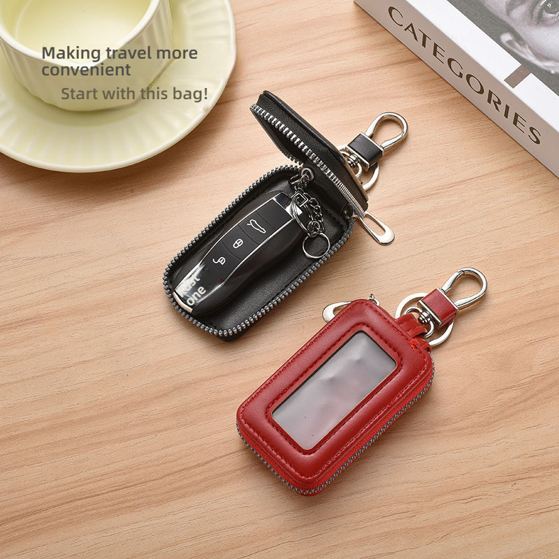 Premium PU Leather Car Key Case with Transparent Window, Universal Zipper Key Fob Protector with Metal Hook, Anti-Scratch, Anti-Lost & Anti-Interference Key Holder for Most Car Remote Keys, Home Keys