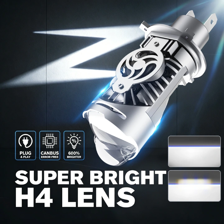 H4 Bi-Xenon Projector Lens LED Headlight Bulb, Super Bright 6000K Fish Eye Hi/Low Beam Lamp, Plug & Play 12V Auto Headlamp for Car Motorcycle Motorbike, High Luminous, Only Fits H4 Socket
