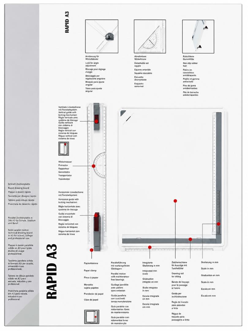 Original rOtring Rapid A3 Technical Drawing Board with Parallel Motion & Drafting Square, with all technical drawing instruments.