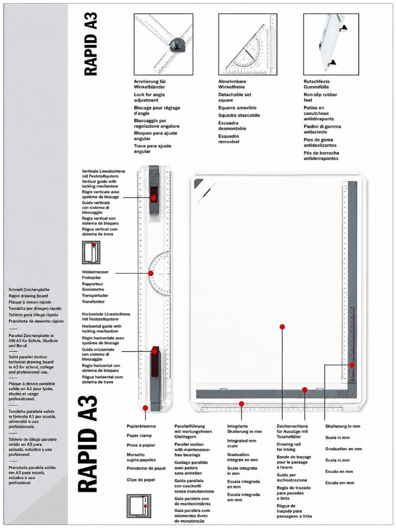 Original rOtring Rapid A3 Technical Drawing Board with Parallel Motion & Drafting Square, with all technical drawing instruments.